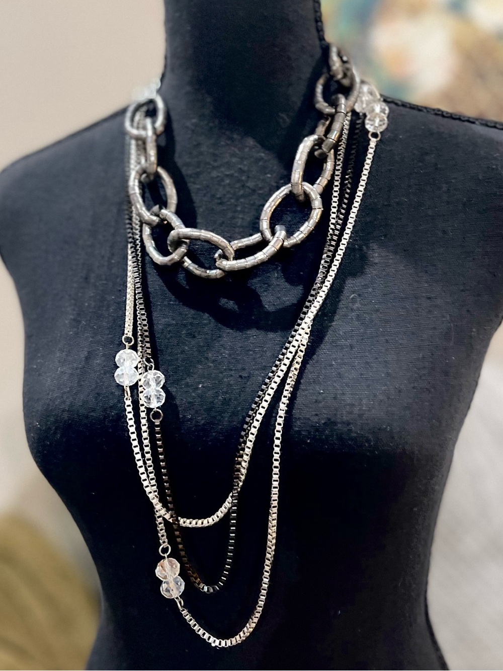 Layered Black and Silver Chain Necklace with Clear Bead Accents
